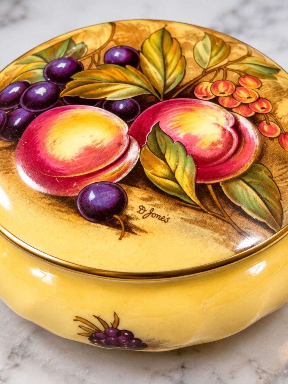 TD-10--Vintage Aynsley Orchard Gold Trinket Dish D Jones Peaches Grapes Bone Chi